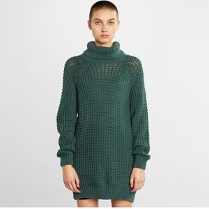 Women’s Hand Knitted Sweater Dress RollNeck Wool Green Size Large Fisherman